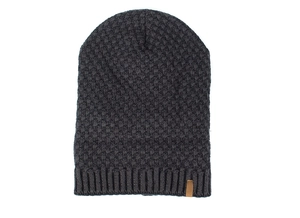 Close-up of dark grey grid-knit beanie featuring a brown leather accent label on rib cuff