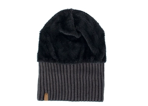 Detailed view of the thick black plush lining inside the grey ribbed knit beanie hat
