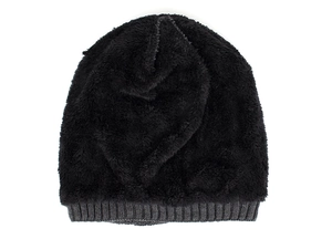 Detail showing the thick black fleece lining and grey ribbed knit edge of the winter hat