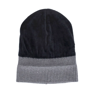 Winter thermal knit beanie hat featuring black velvet top and grey ribbed knit edge design