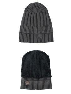 Detail of dark grey knit hat with warm black plush lining and leaf embossed patch