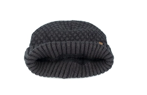 Close-up of black cable knit beanie with warm fleece lining and brown leather patch