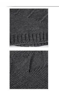 Detailed macro of dark grey knit hat with SPORTS print and textured diamond weave