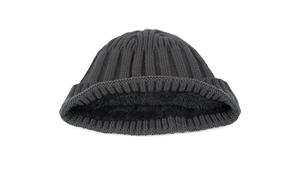 Close-up of dark grey knitted beanie showing the thick black fleece lining texture