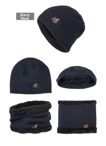 Detailed macro view of the warm brown faux fur lining and navy knit texture
