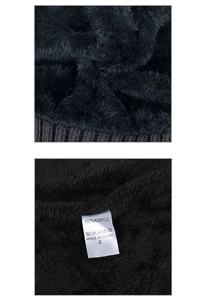 Detail view of winter knit beanie with soft black fleece lining and material label