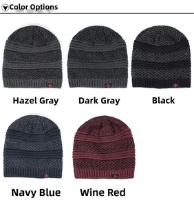 Overview of five knit beanies with red snowflake tags in gray, black, and navy colors