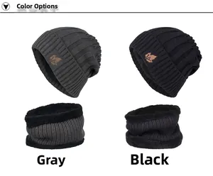 Detailed comparison of grey and black ribbed knit beanies with fleece lining and neck warmer