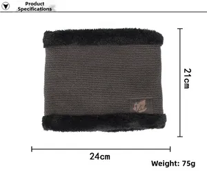 Detailed size specifications of dark taupe fleece-lined knit neck warmer with dimensions