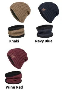 Detail view of winter knitted hat and neck gaiter set with thick faux fur lining in 3 colors