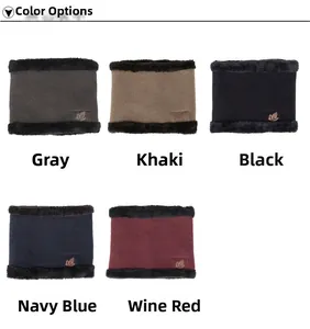 Detailed view of knitted neck warmer with plush lining and leather leaf patch in five colors