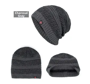 Detailed views of heather grey knit beanie featuring a red snowflake patch and thermal lining