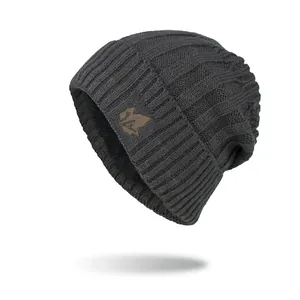 Winter Knitted Beanie Hat For Men Women Thick Fleece Lined Skull Cap With Leaf Patch Warm Outdoor Ribbed Knit Cuffed Hat