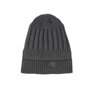 Winter thermal ribbed knit beanie in charcoal grey with leaf embossed patch