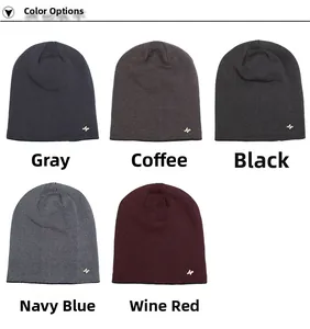 Selection of five herringbone knit beanies with a gold airplane metal tag in various colors