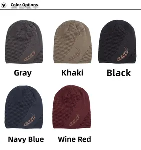 Detailed grid view of knitted beanies in grey, khaki, black, navy, and wine red colors