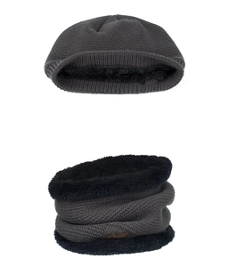 Detail of dark grey knit winter hat and neck warmer with thick black faux fur lining