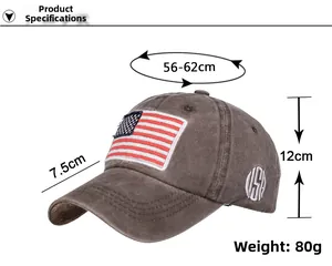 Tabella taglie dettagliata per cappello vintage marrone con ricamo bandiera americana