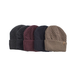 Classic waffle knit beanies in five colors with ribbed cuffs and decorative labels