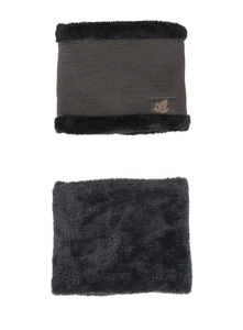 Close-up detail of winter neck warmer featuring knit fabric, leaf patch and plush lining