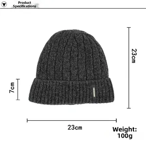 Dark grey knit beanie detail showing 23x23cm dimensions and a fashion leather label