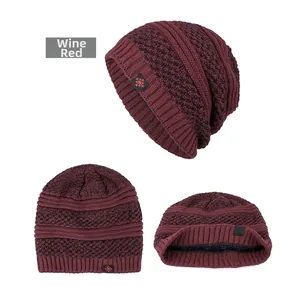 Three-way views of wine red knit beanie with warm fleece lining and snowflake patch detail