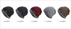 Close-up of winter knit beanies with thick fleece lining in five assorted colors