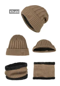Detail of khaki cable knit hat and neck warmer with thick black fleece lining and leaf logo
