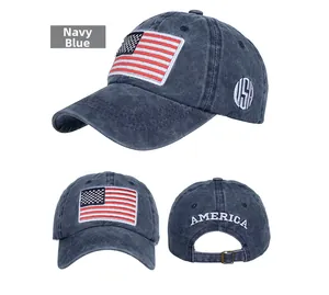 Dettaglio cappello in cotone lavato blu navy con bandiera e ricamo USA frontale