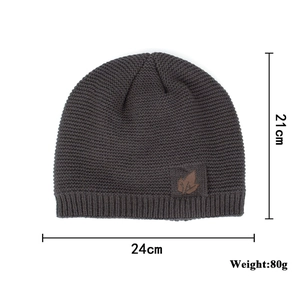 Winter fleece-lined knit beanie with leaf patch, dark brown acrylic wool hat, 24x21cm