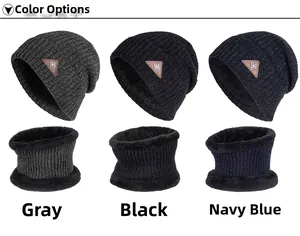 Detailed knit winter set in grey black and navy featuring snowflake metal leather patch