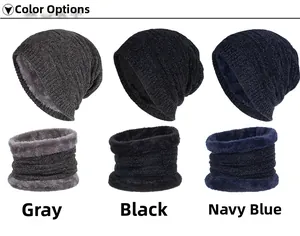 Ensemble bonnet et tour de cou en chenille doublé polaire en gris, noir et bleu