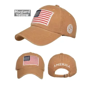 Dettaglio del cappello da baseball giallo zenzero in cotone con ricamo bandiera USA