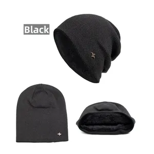 Detailed views of black knit beanie with soft thermal fleece lining and metal accent