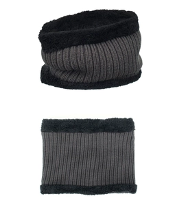 Detail view of dark grey winter neck warmer with soft black faux fur lining