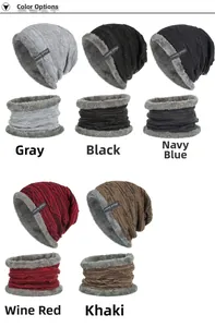 Detailed view of knitted winter beanie and neck warmer set in five assorted colors