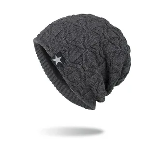 Bonnet en Tricot Chaud d'Hiver Pour Hommes Femmes Doublé Polaire Épaisse Étoile Étiquette Texture Ondulée Géométrique