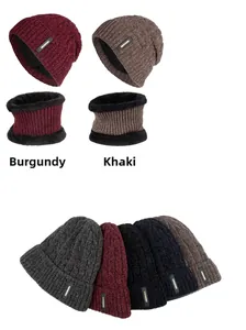 Detailed view of winter knit hat and scarf set with thick fleece lining and fashion label
