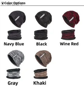 Flat lay of knit hat and scarf sets with thick fleece lining in five diverse colors