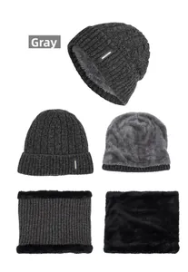 Detail of grey chenille knitted hat and neck warmer set with thick plush lining