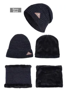 Detail of navy blue winter set with thick knit snowflake patch and fleece lining