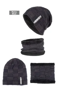 Navy blue winter knitted hat and scarf set with thick fleece lining for warmth