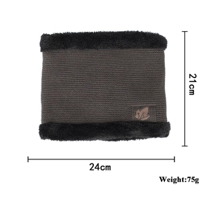 Unisex dark grey knit neck warmer with leaf patch and faux fur trim, 21cm x 24cm size