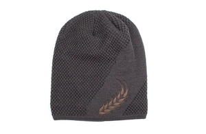 Detail of coffee brown knit beanie showing waffle weave texture and wheat ear embroidery