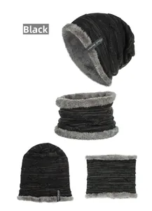 Detail view of the black knit winter hat and neck warmer set with warm fleece lining