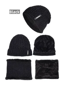 Detail view of black knit hat and neck warmer set with thick plush fleece lining