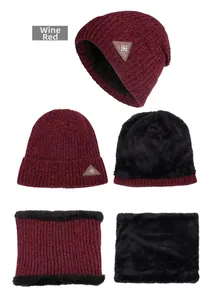 Macro details of wine red knitted beanie and scarf set with thick black fleece lining