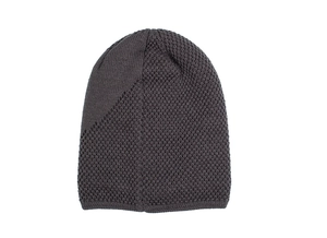 Close-up of a dark grey beanie with unique diagonal stitching and waffle texture knit