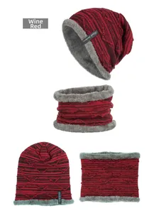 Close-up of burgundy knit winter set with thick fleece lining for hat and scarf