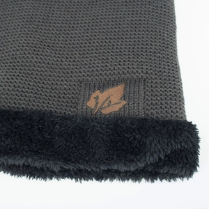Winter dark grey knitted neck warmer with soft fleece lining and maple leaf leather patch